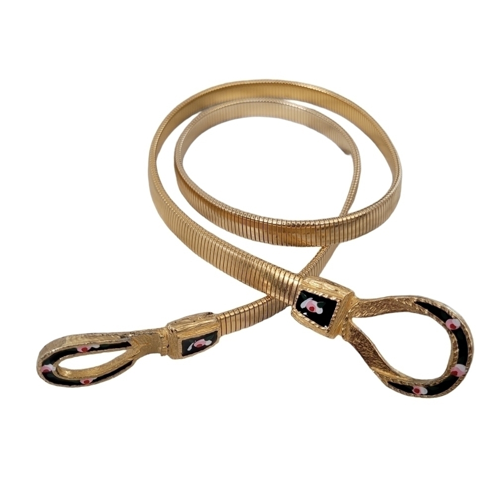 Vintage Gold Tone Metal Coil Thin Belt Enamel Floral Clasp
